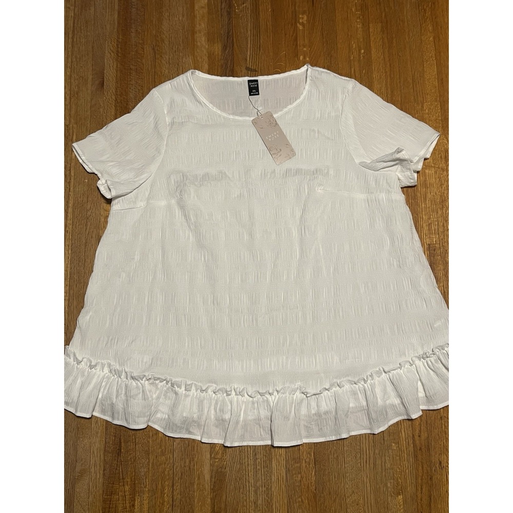 Emery Rose Women 3XL White Scoop Neck Ruffle Trim Short Sleeve‎ Texture BOHO Top
